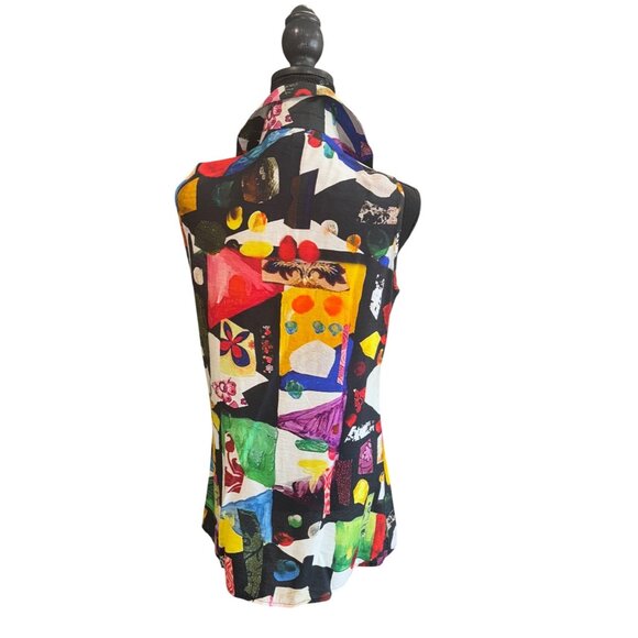 Retro 70s Colorful Sleeveless Button-Up Collared Blouse Top By Adore S Geometric - Picture 2 of 8